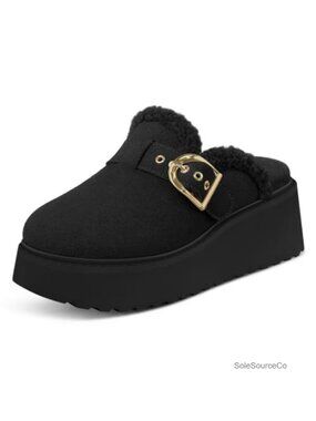 Genuine Leather Platform Clogs Memory Foam Slip On Shoes Fuzzy Mules